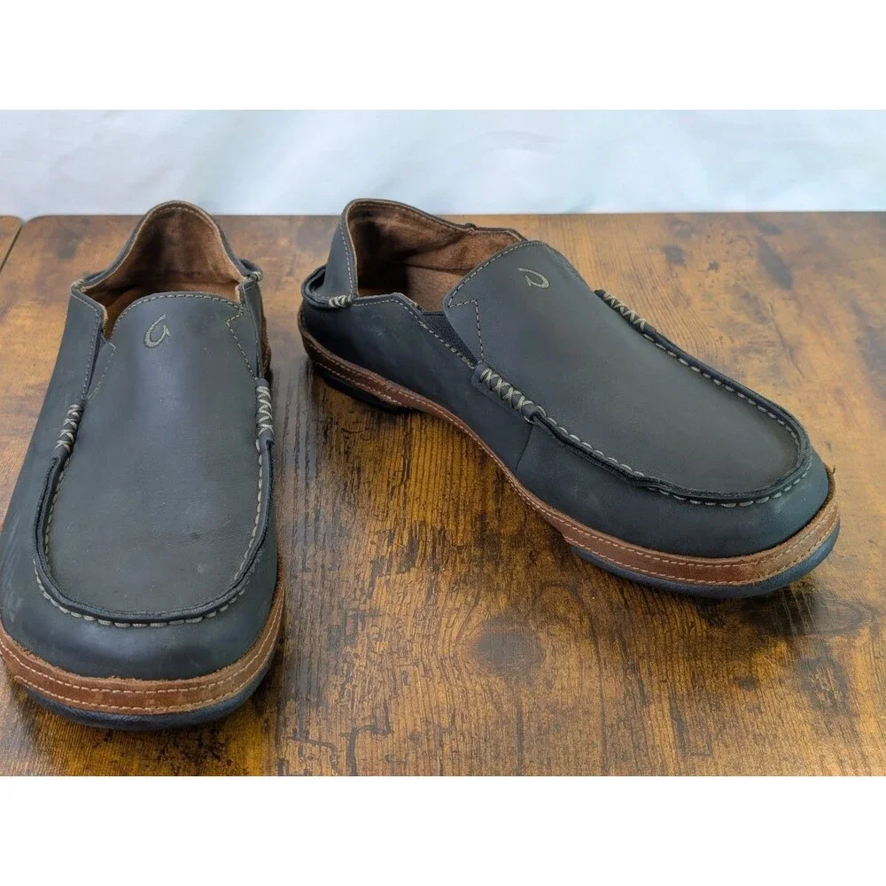 OLUKAI Moloa Men's Leather Nubuck Sz 11 Slip On Shoes 10128-4033 Black